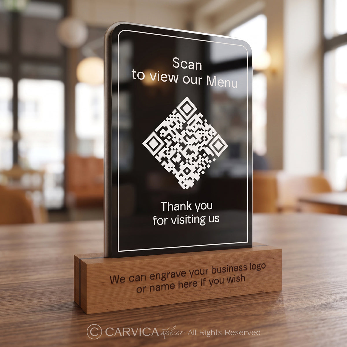 Black Acrylic QR Menu Stand with Engraved Wood Base