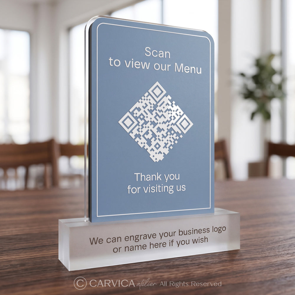 Frosted Blue Acrylic QR Menu Stand, Double-Sided