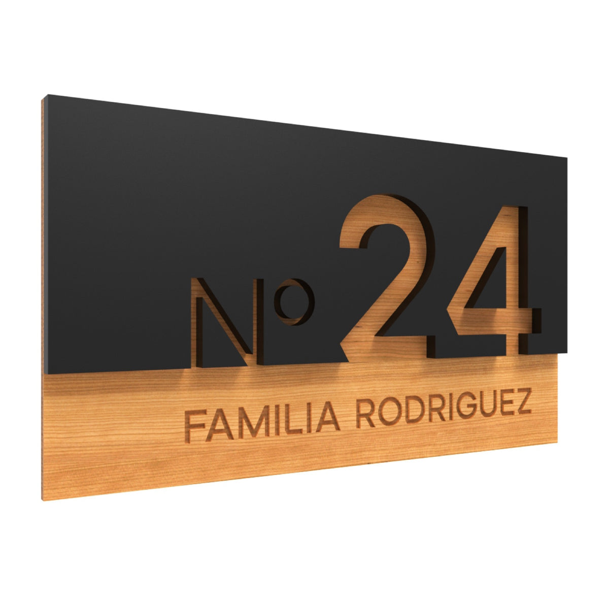 Iroko Wood & Black Acrylic House Sign with Family Name
