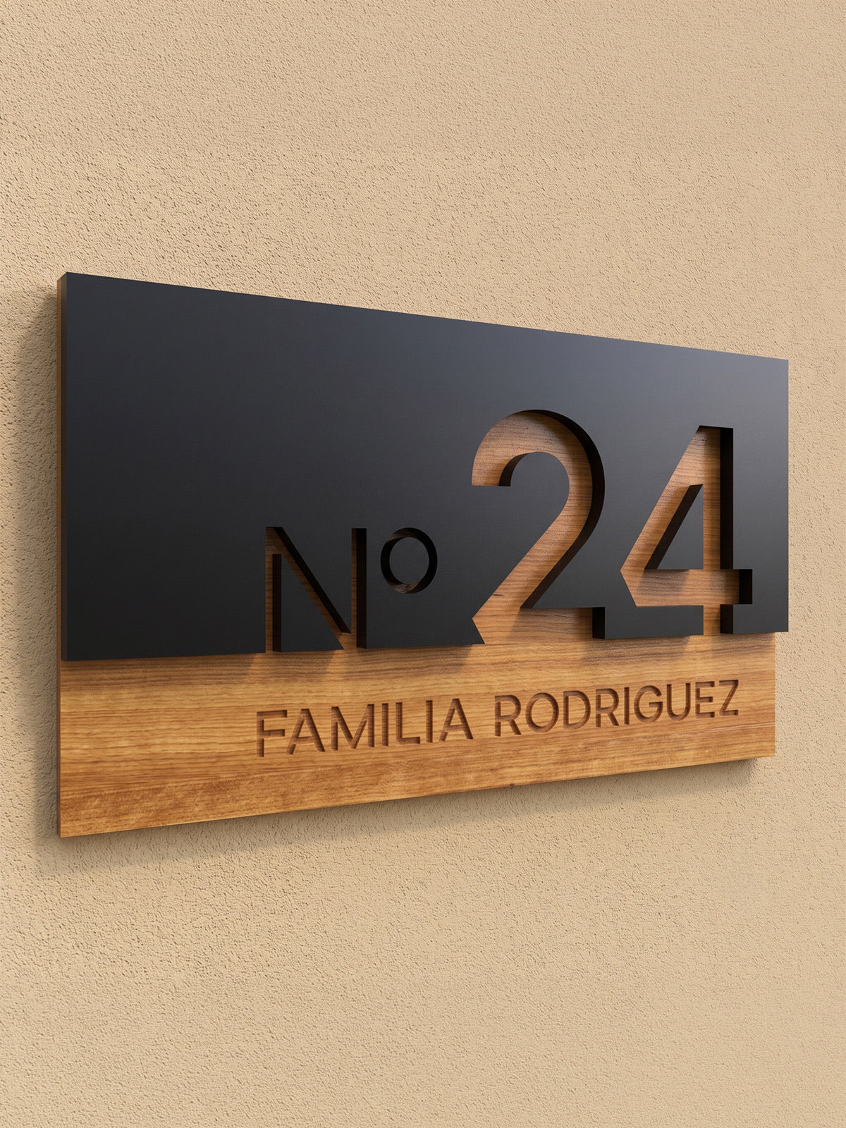 Iroko Wood & Black Acrylic House Sign with Family Name