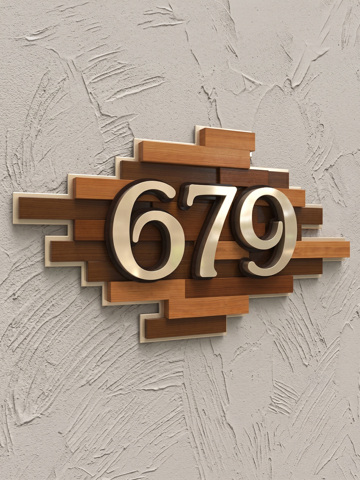 Layered Iroko Wood & Champagne Acrylic House Number Sign