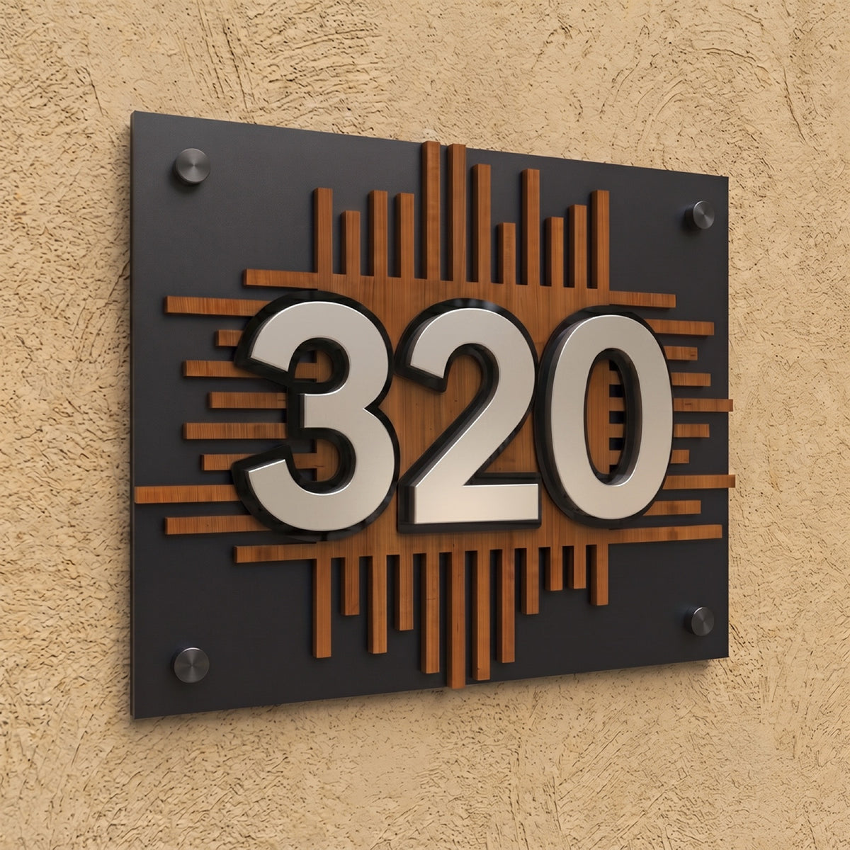 Iroko Wood & Matte Black Acrylic House Number Sign
