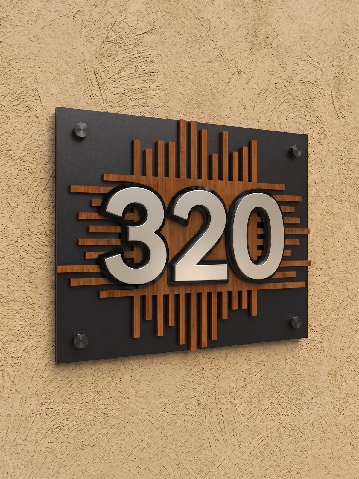 Iroko Wood & Matte Black Acrylic House Number Sign