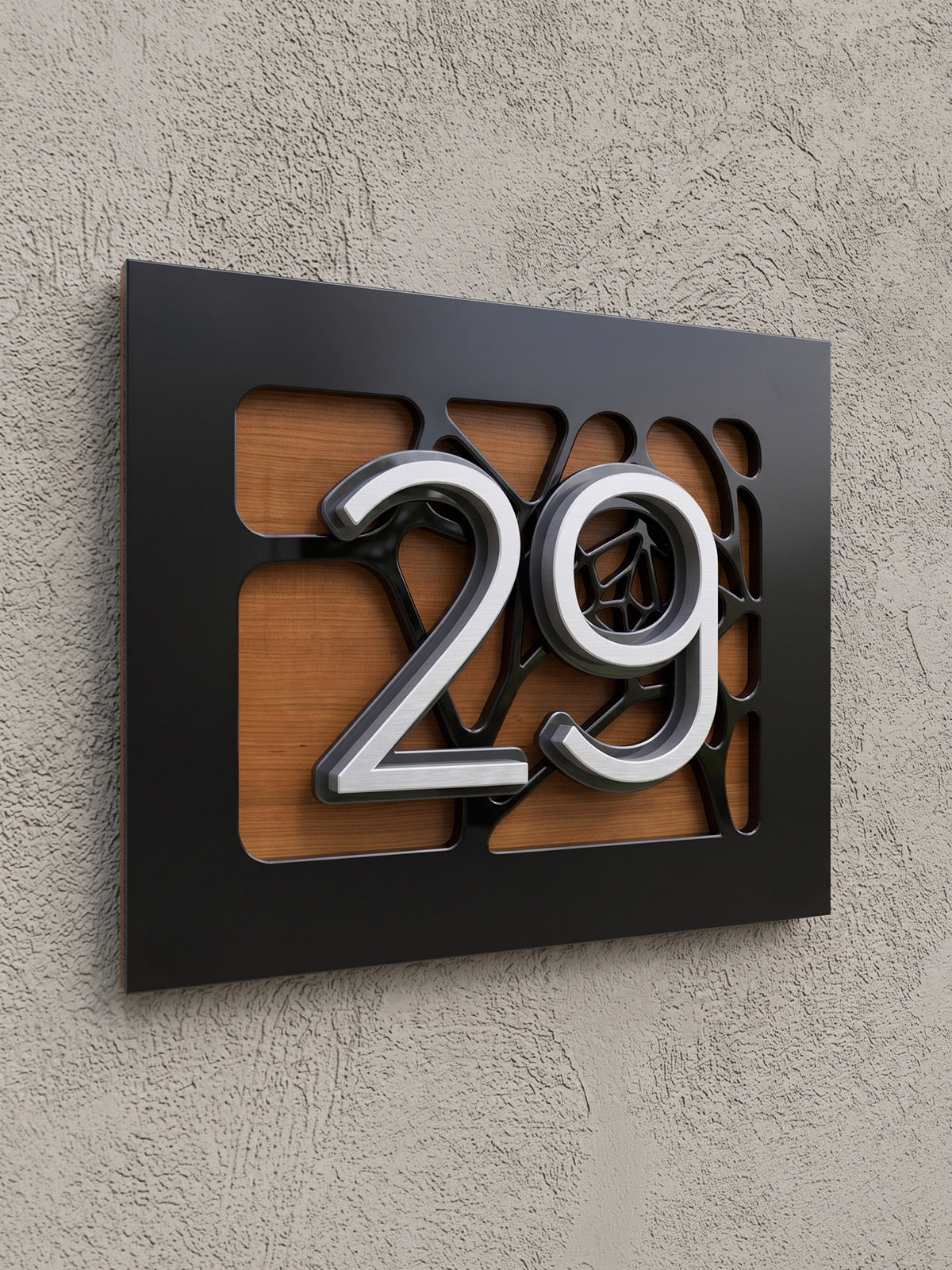 Black & Silver Acrylic Address Plaque on Iroko Wood