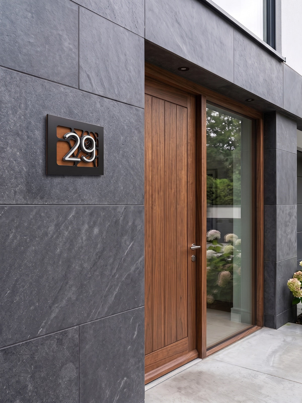 Black & Silver Acrylic Address Plaque on Iroko Wood