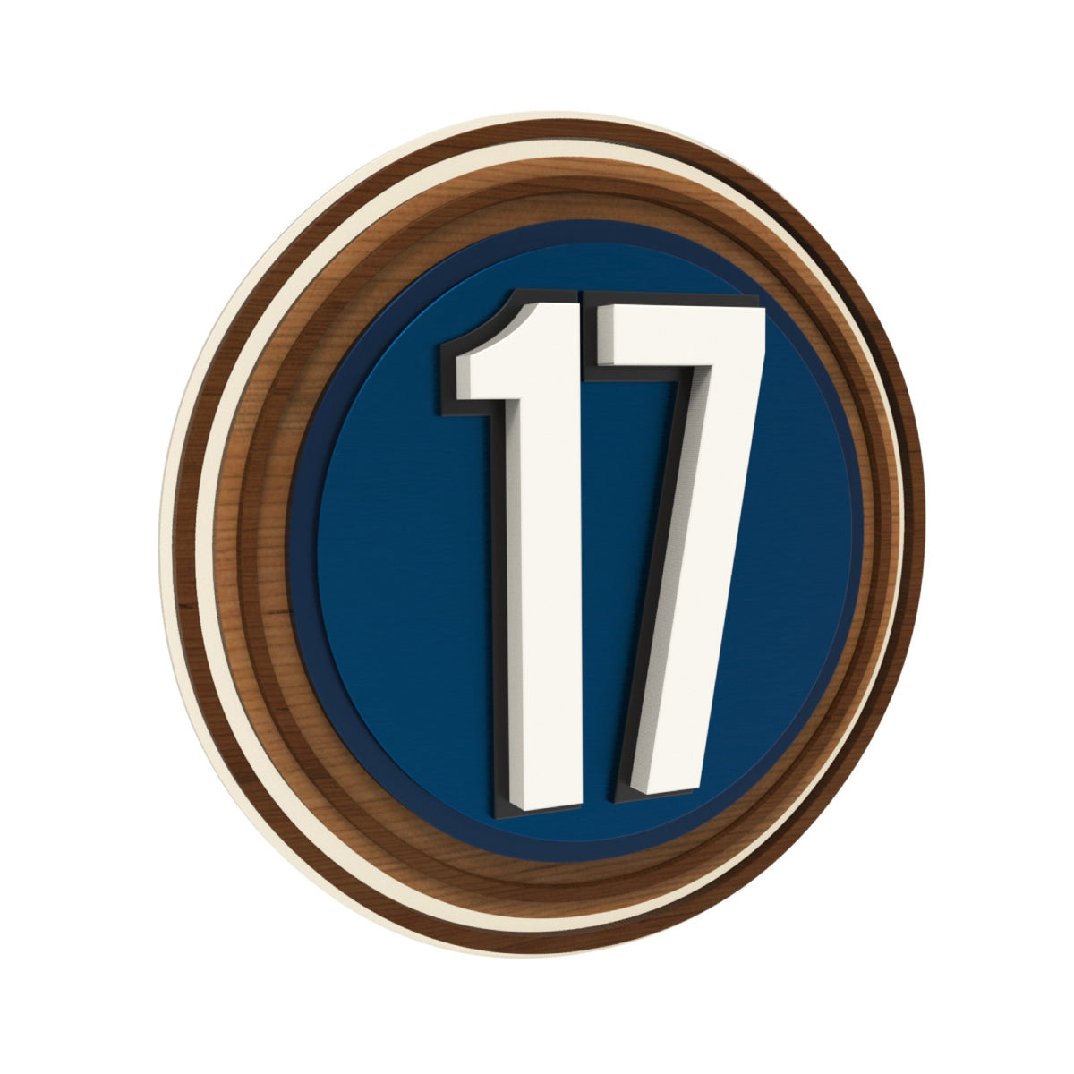 Circular Iroko Wood & Blue Acrylic House Number Sign