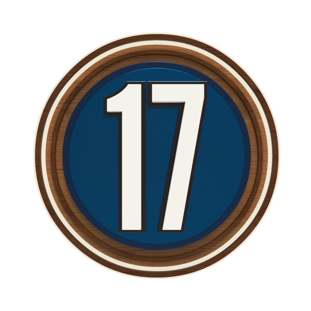 Circular Iroko Wood & Blue Acrylic House Number Sign