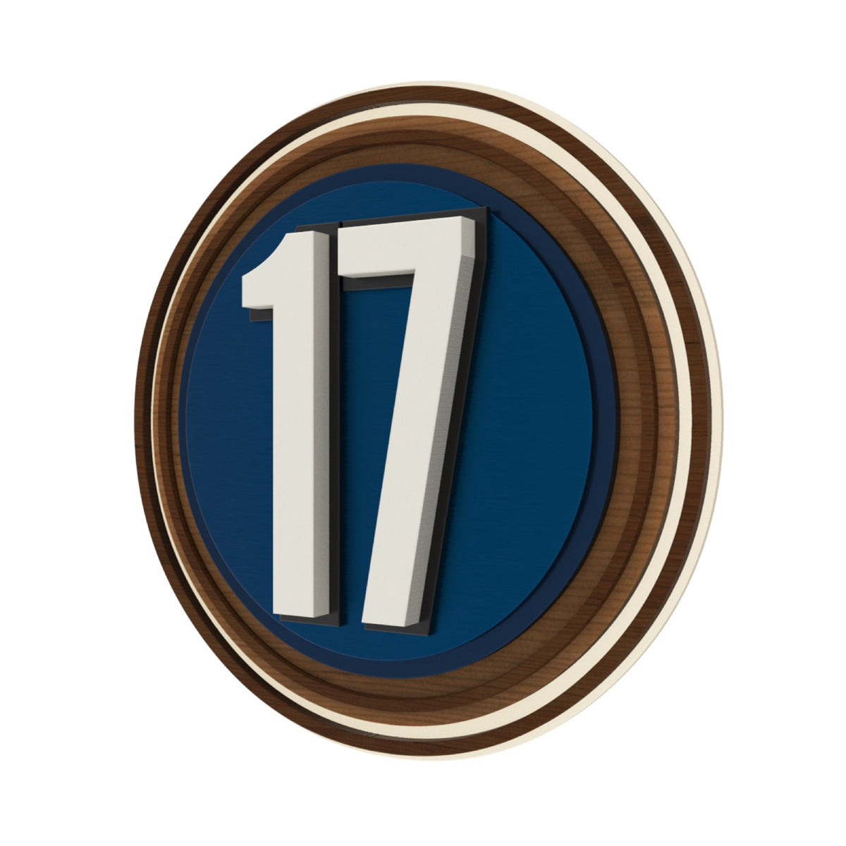 Circular Iroko Wood & Blue Acrylic House Number Sign