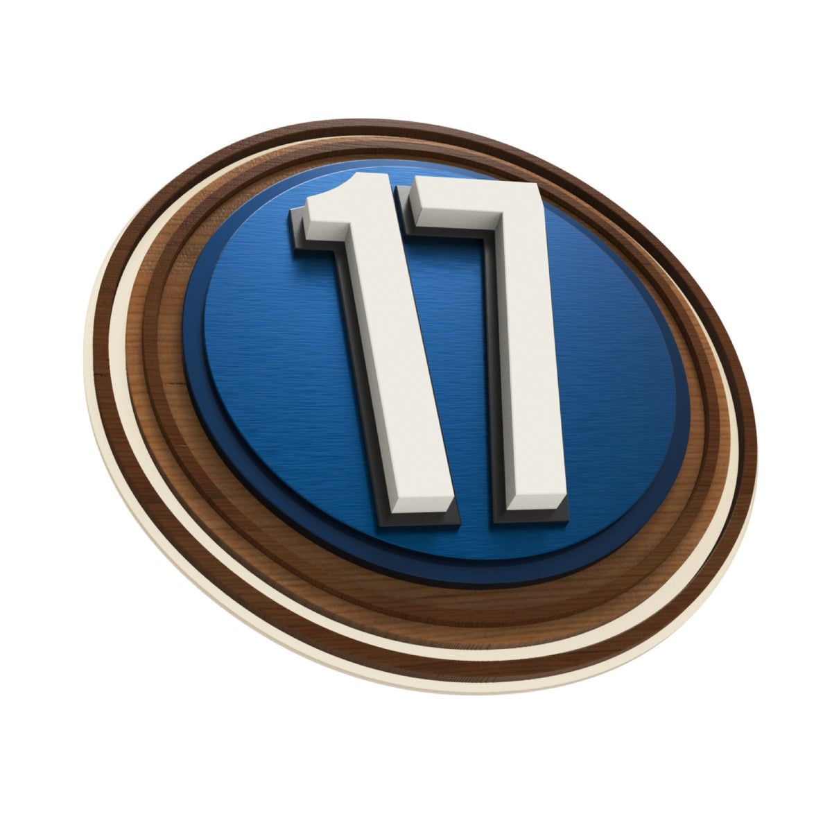 Circular Iroko Wood & Blue Acrylic House Number Sign