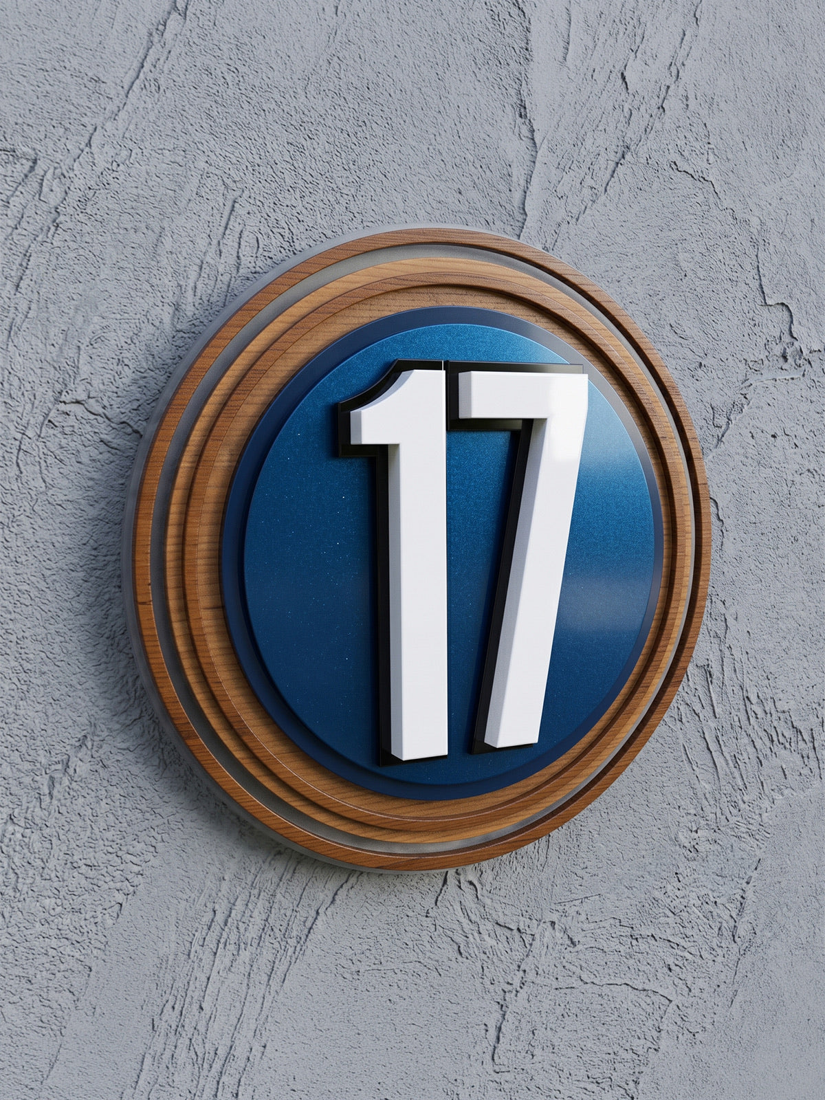 Circular Iroko Wood & Blue Acrylic House Number Sign