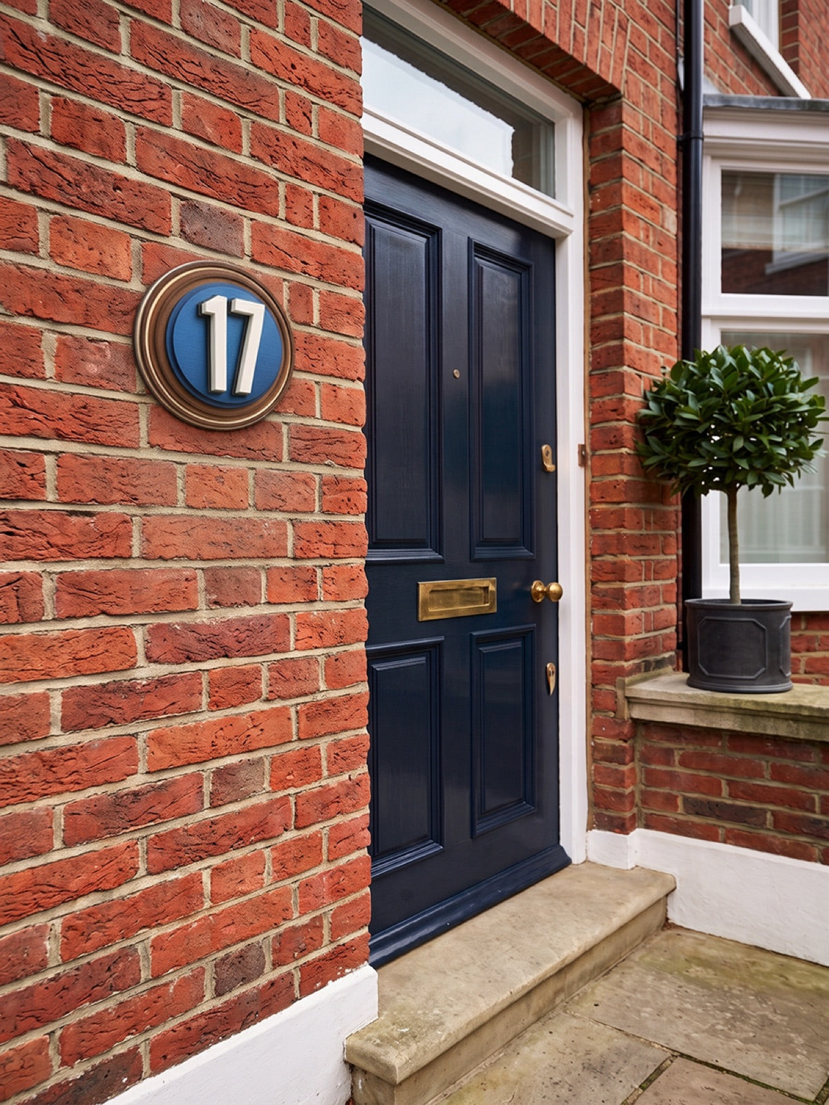 Circular Iroko Wood & Blue Acrylic House Number Sign