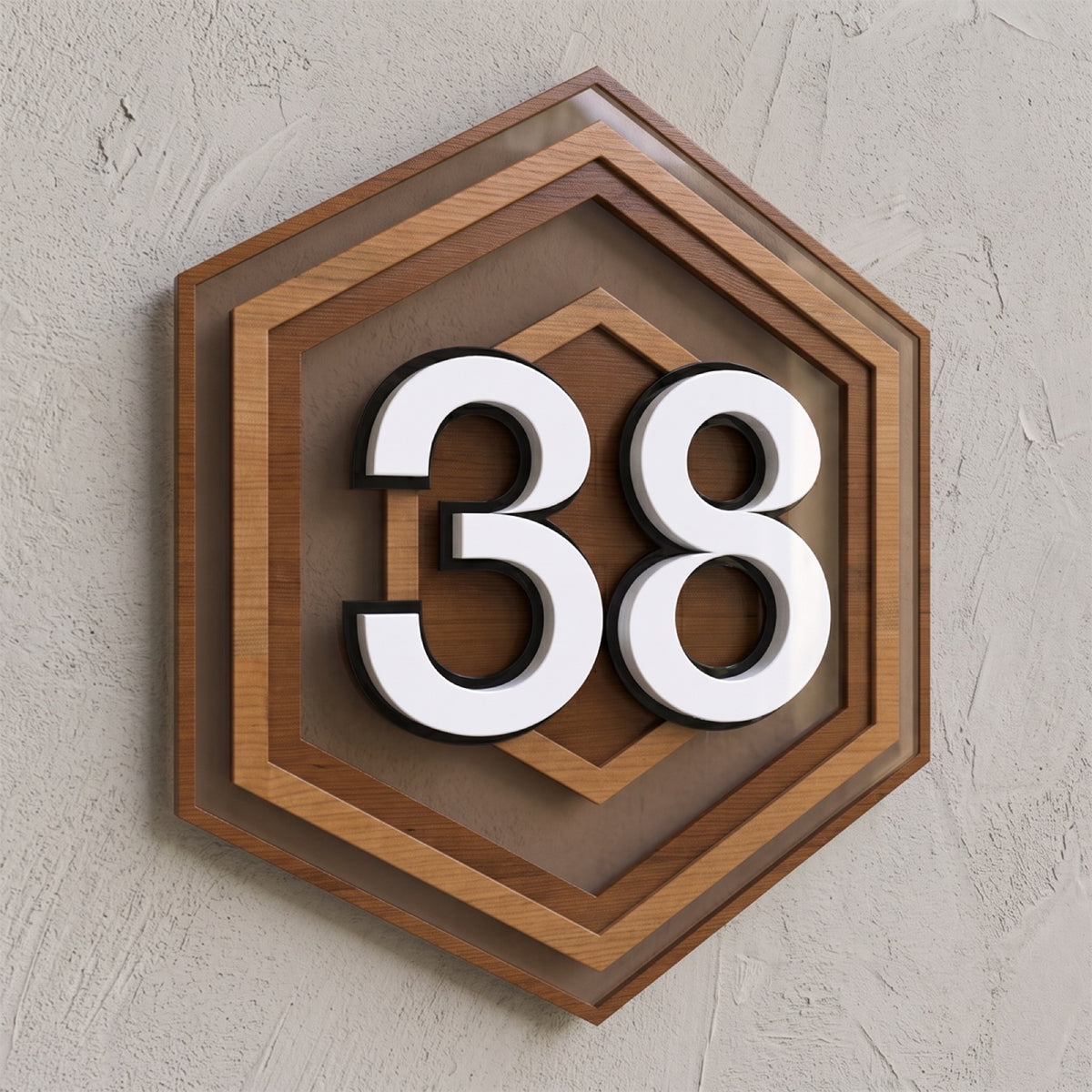 Hexagonal Iroko Wood & Bronze House Number Sign