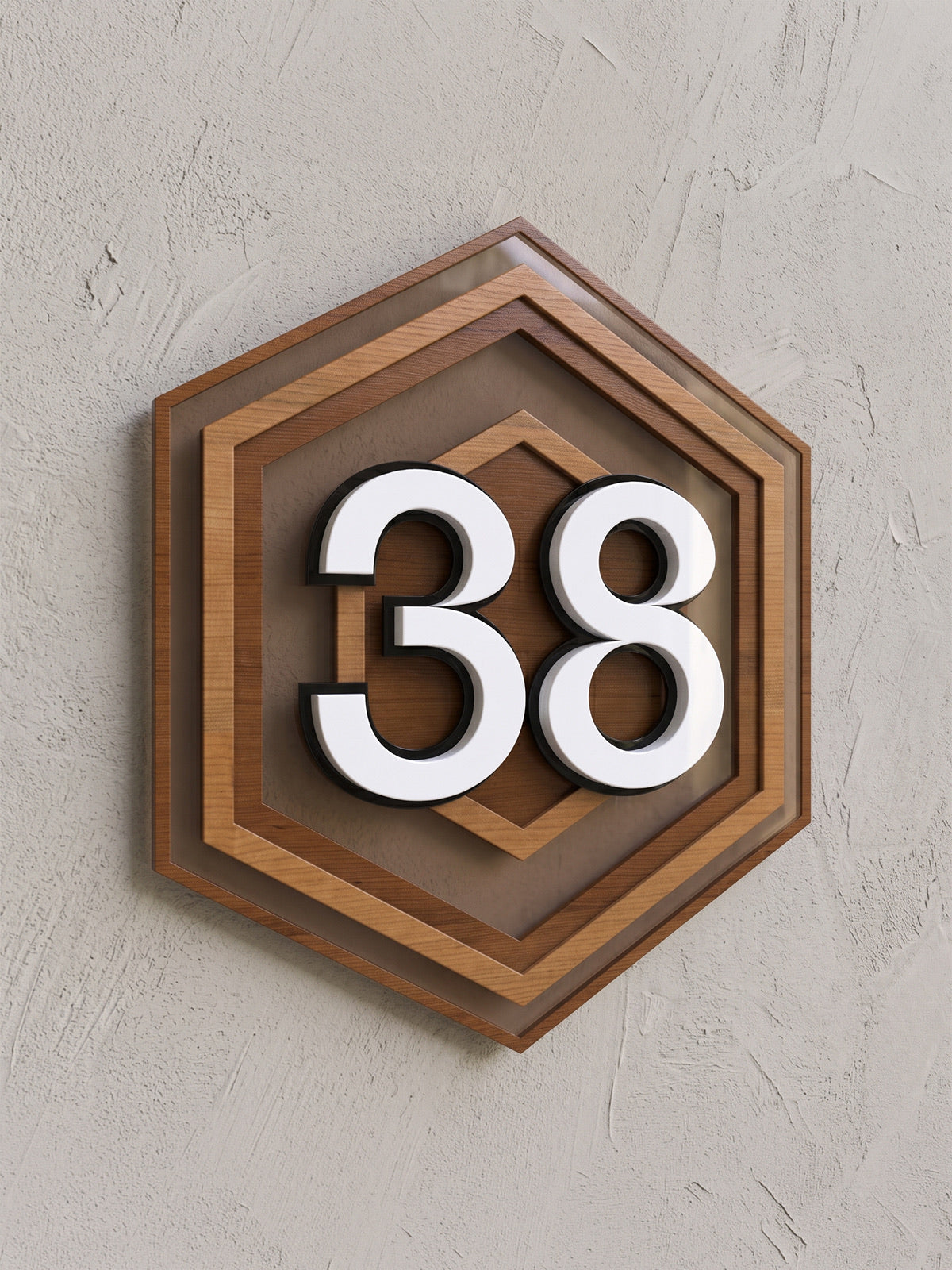 Hexagonal Iroko Wood & Bronze House Number Sign