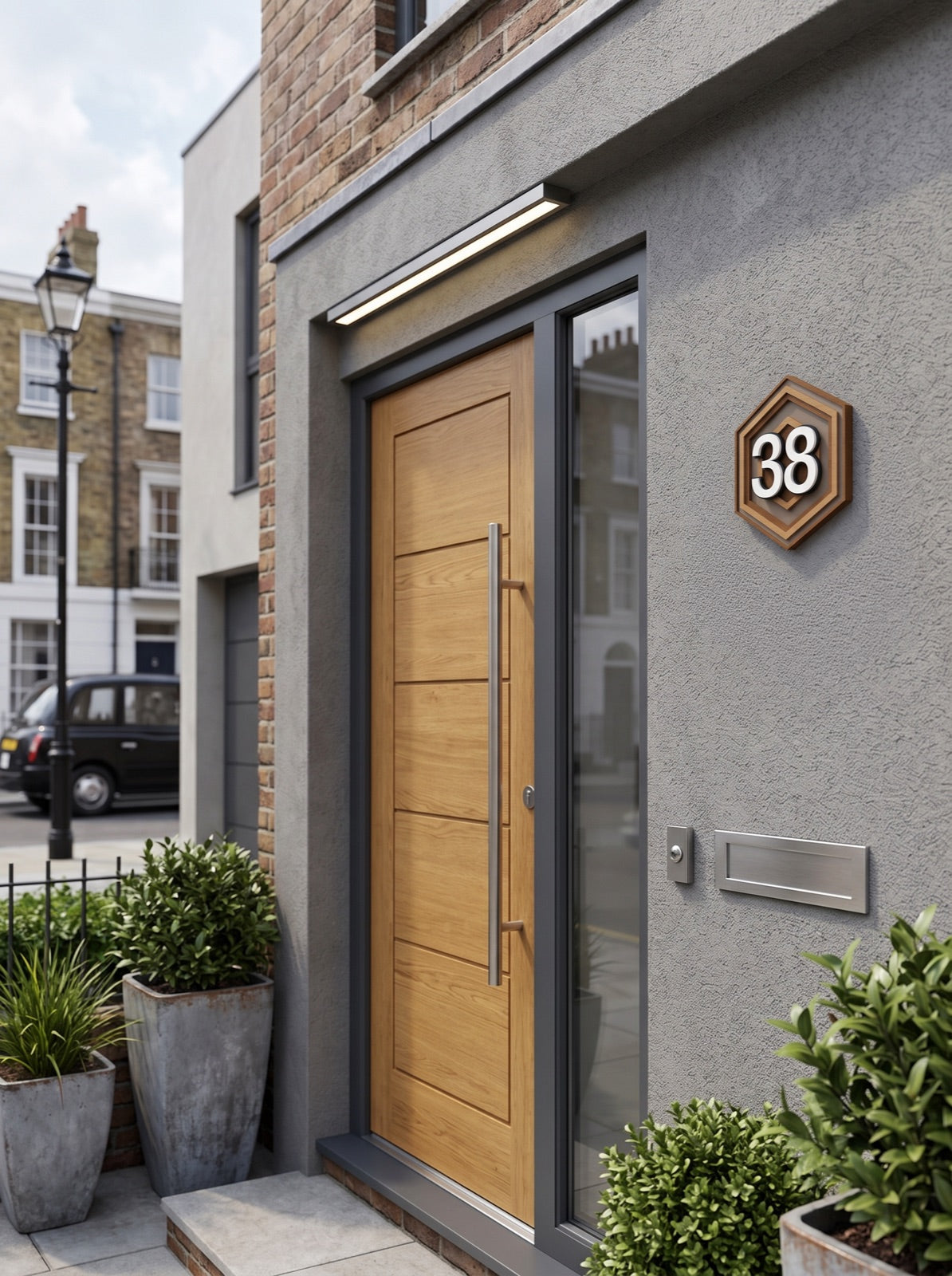 Hexagonal Iroko Wood & Bronze House Number Sign