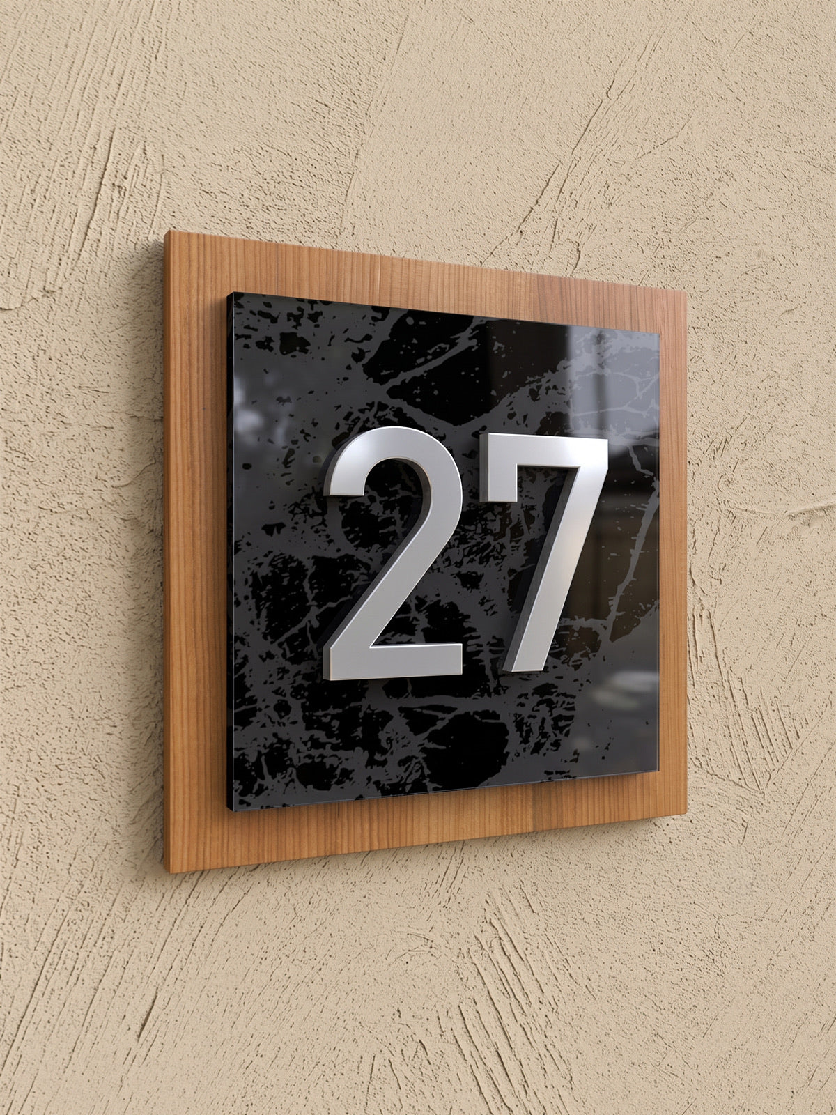 Iroko Wood & Black Marble Acrylic Address Plaque