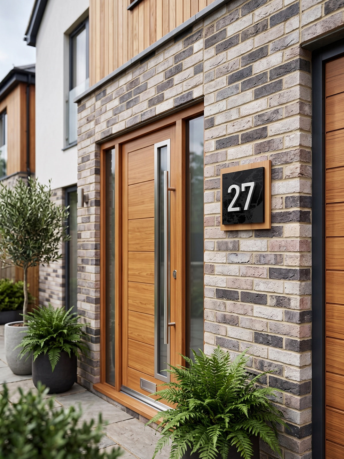Iroko Wood & Black Marble Acrylic Address Plaque
