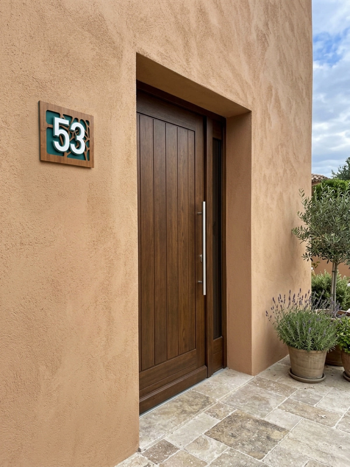 Iroko Wood & Emerald Green Acrylic House Number Sign