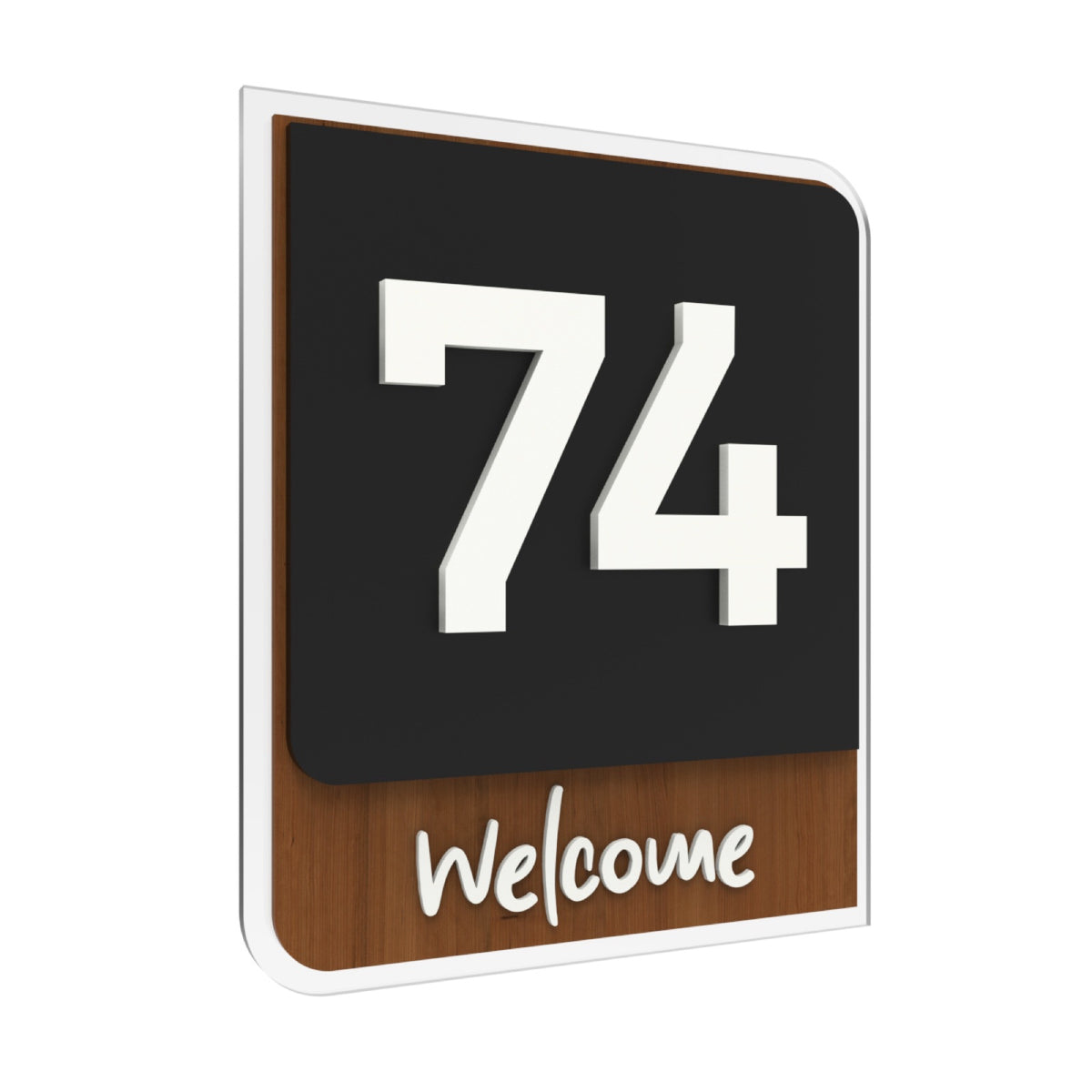 Iroko Wood & Black Acrylic House Sign with Welcome
