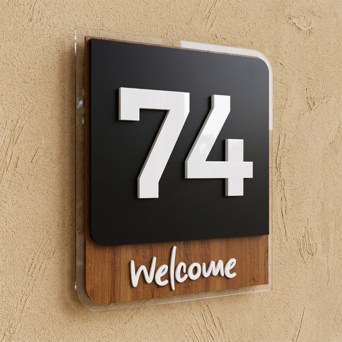 Iroko Wood & Black Acrylic House Sign with Welcome