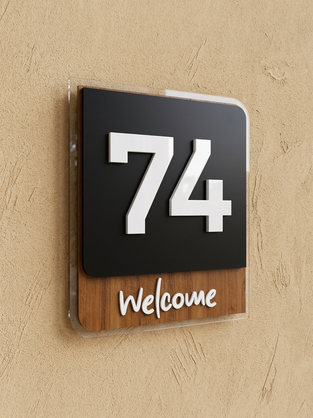 Iroko Wood & Black Acrylic House Sign with Welcome