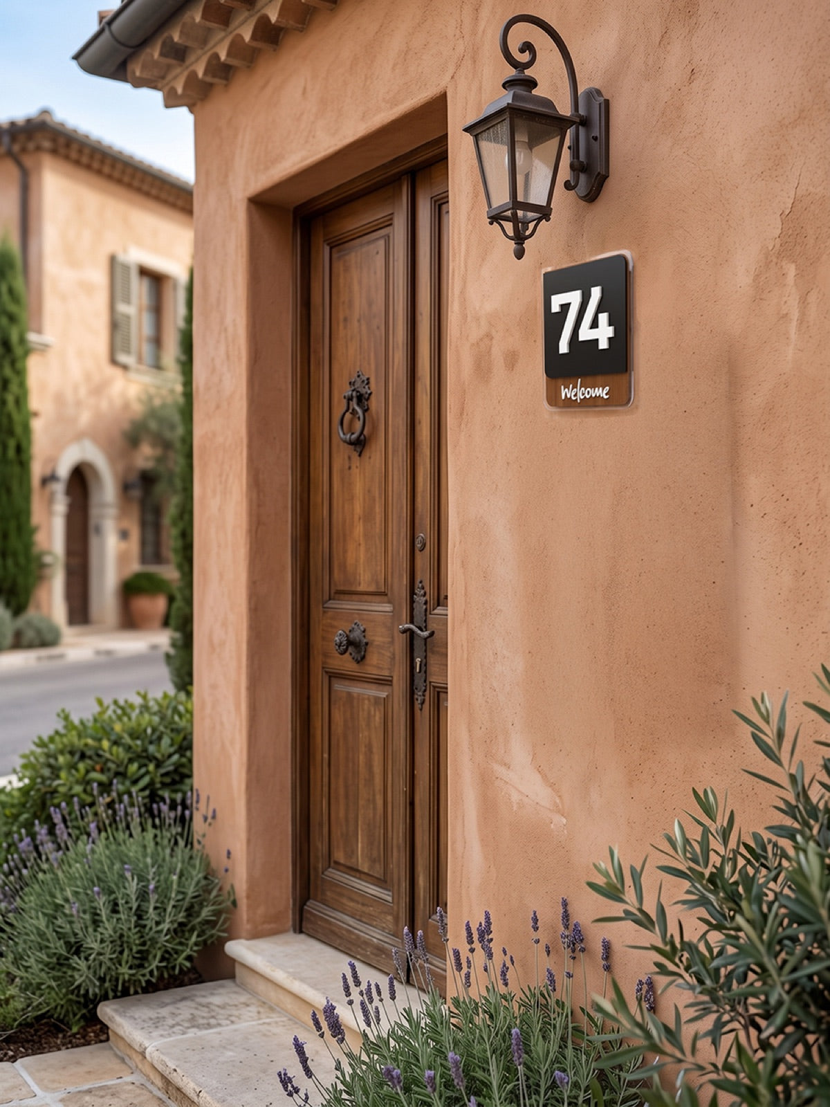 Iroko Wood & Black Acrylic House Sign with Welcome