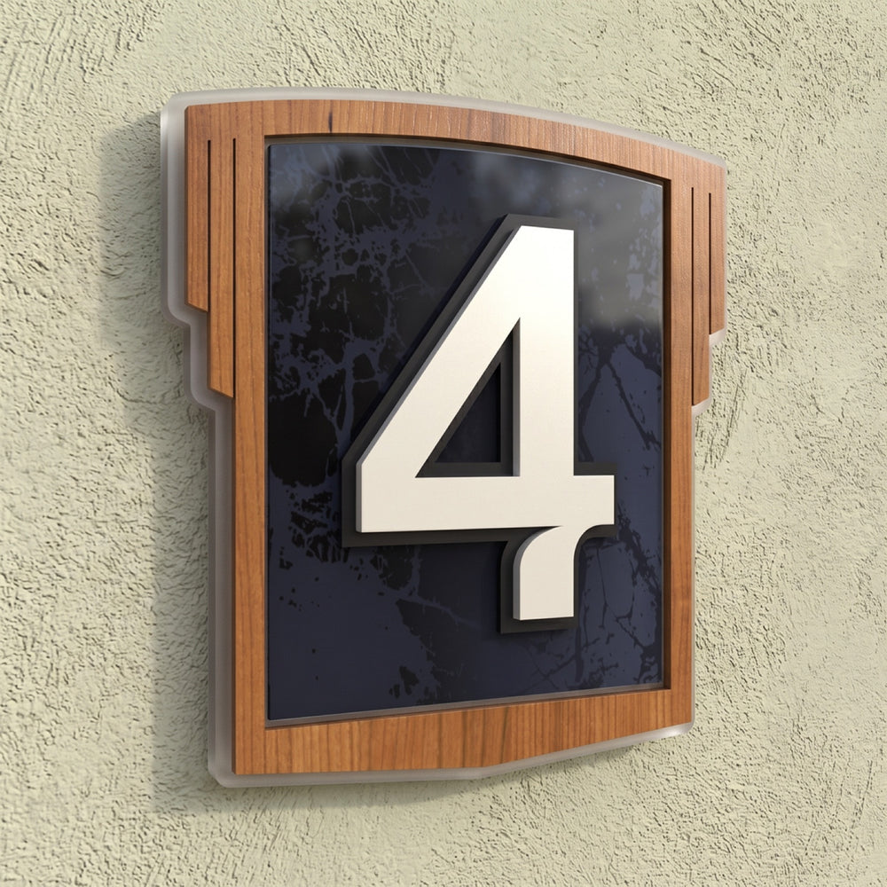 Art Deco Iroko Wood & Blue Marble Acrylic House Number Sign