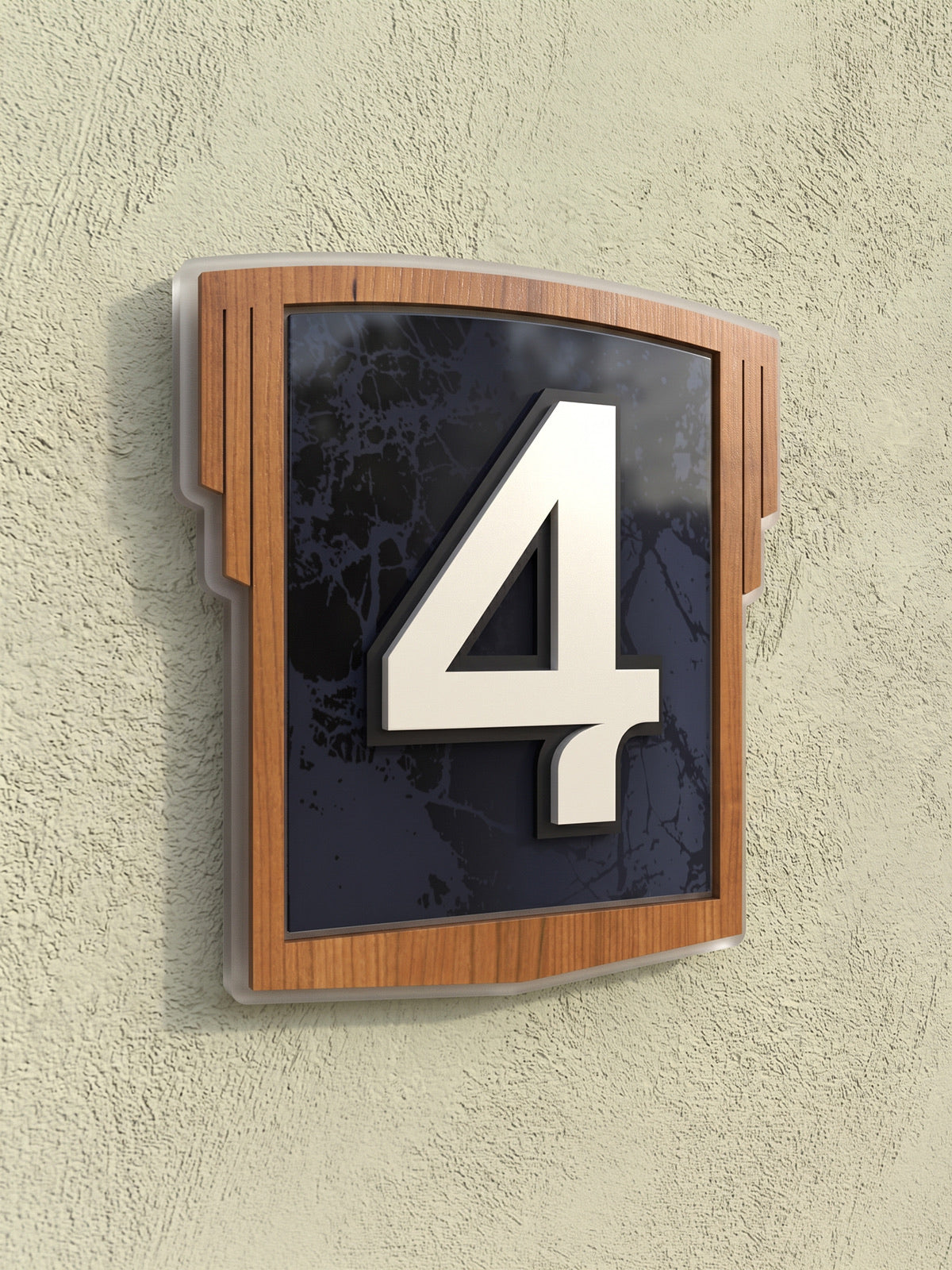 Art Deco Iroko Wood & Blue Marble Acrylic House Number Sign