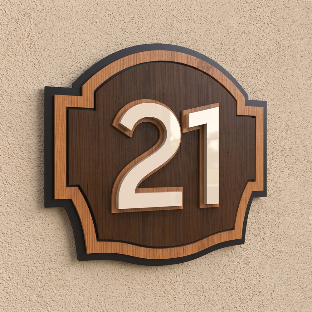 3D Layered Iroko Wood & Acrylic House Number Sign