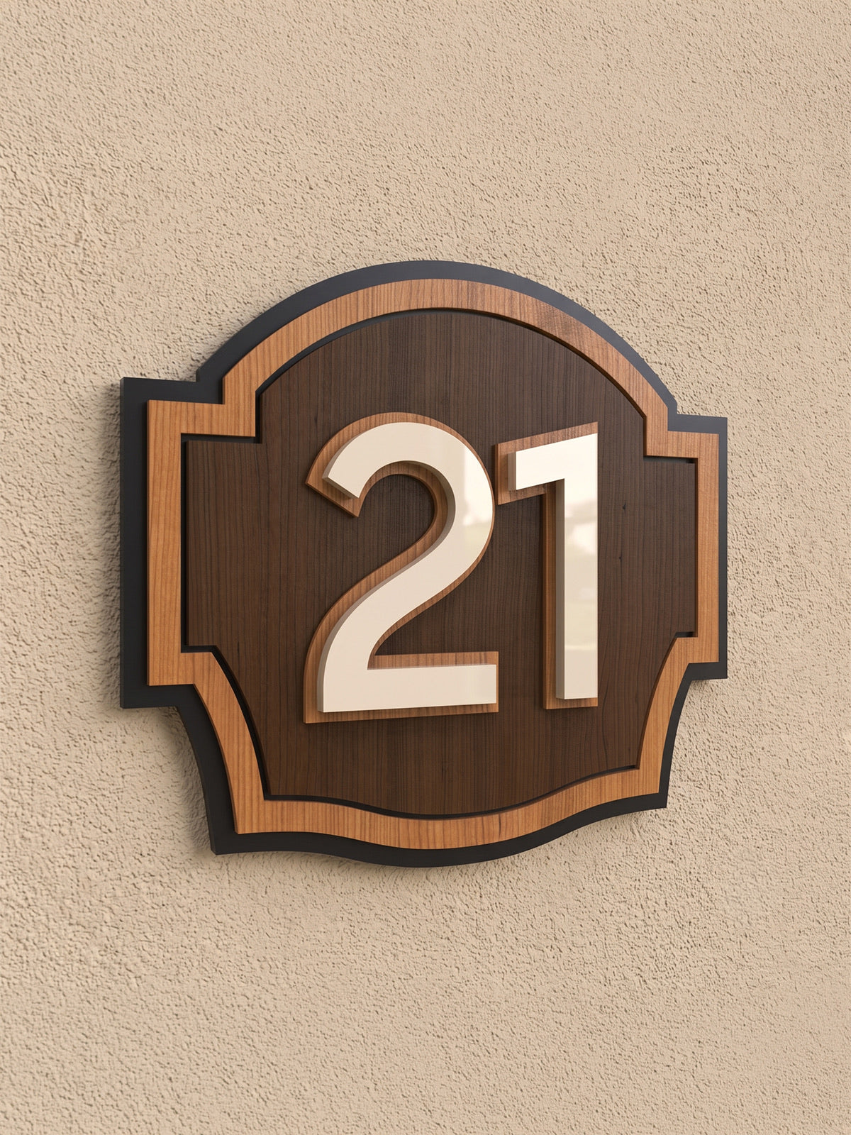 3D Layered Iroko Wood & Acrylic House Number Sign