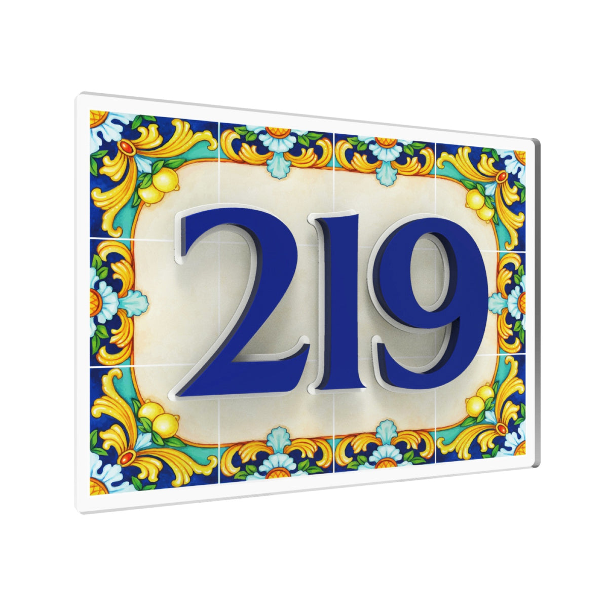Amalfi Lemon Tile & Royal Blue Acrylic House Number Sign
