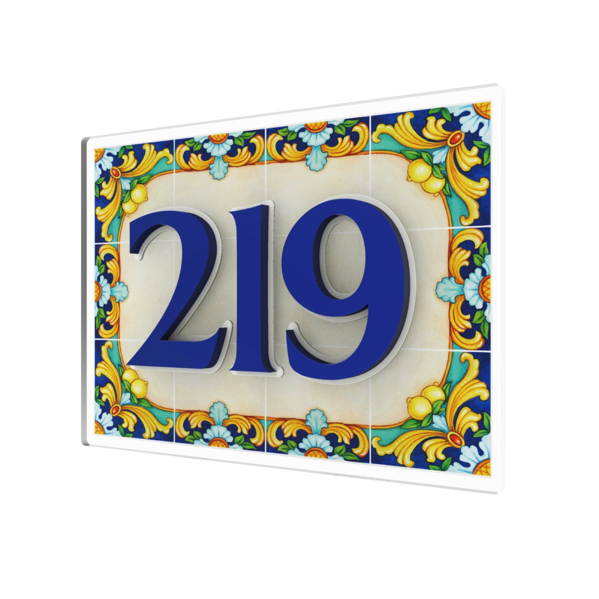 Amalfi Lemon Tile & Royal Blue Acrylic House Number Sign