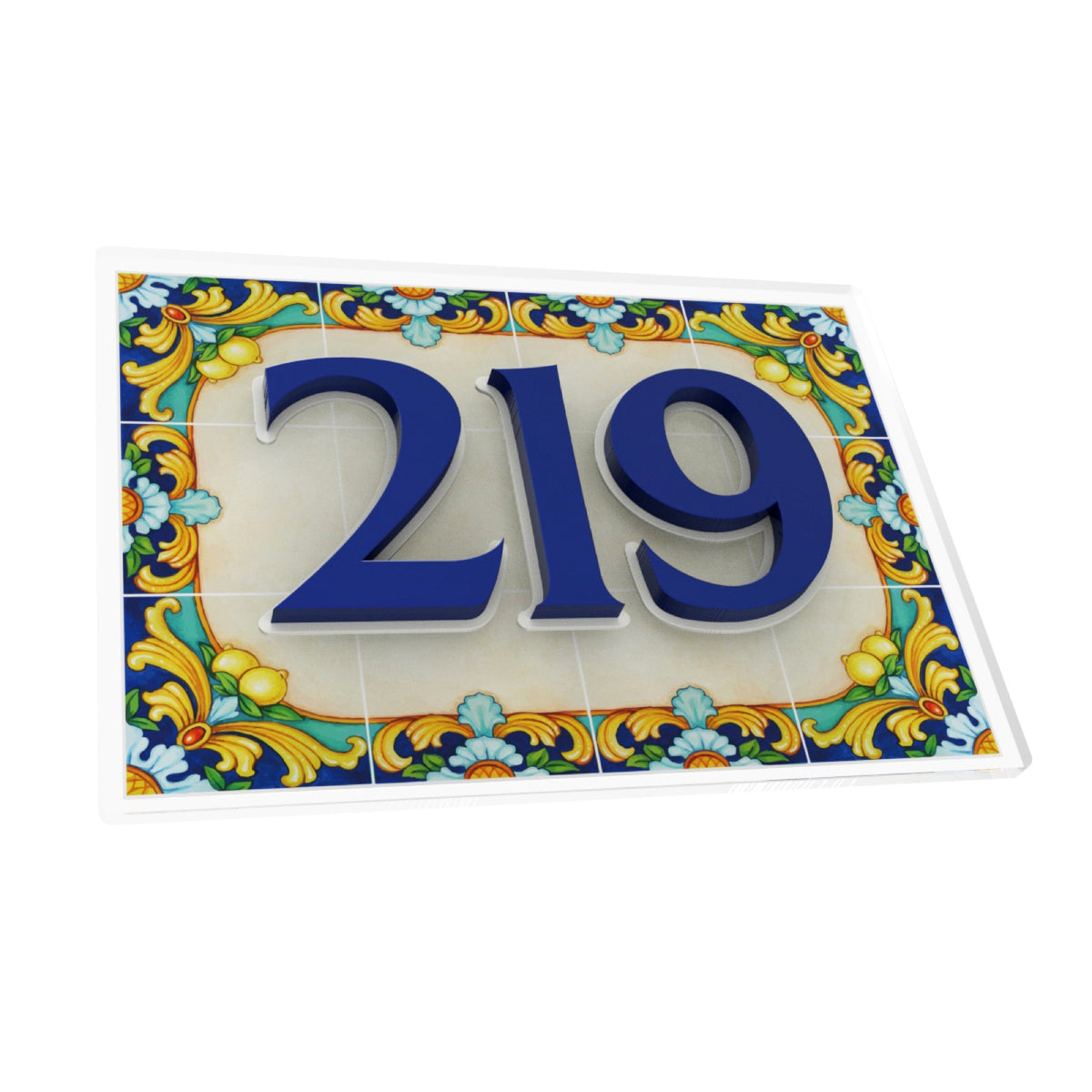 Amalfi Lemon Tile & Royal Blue Acrylic House Number Sign
