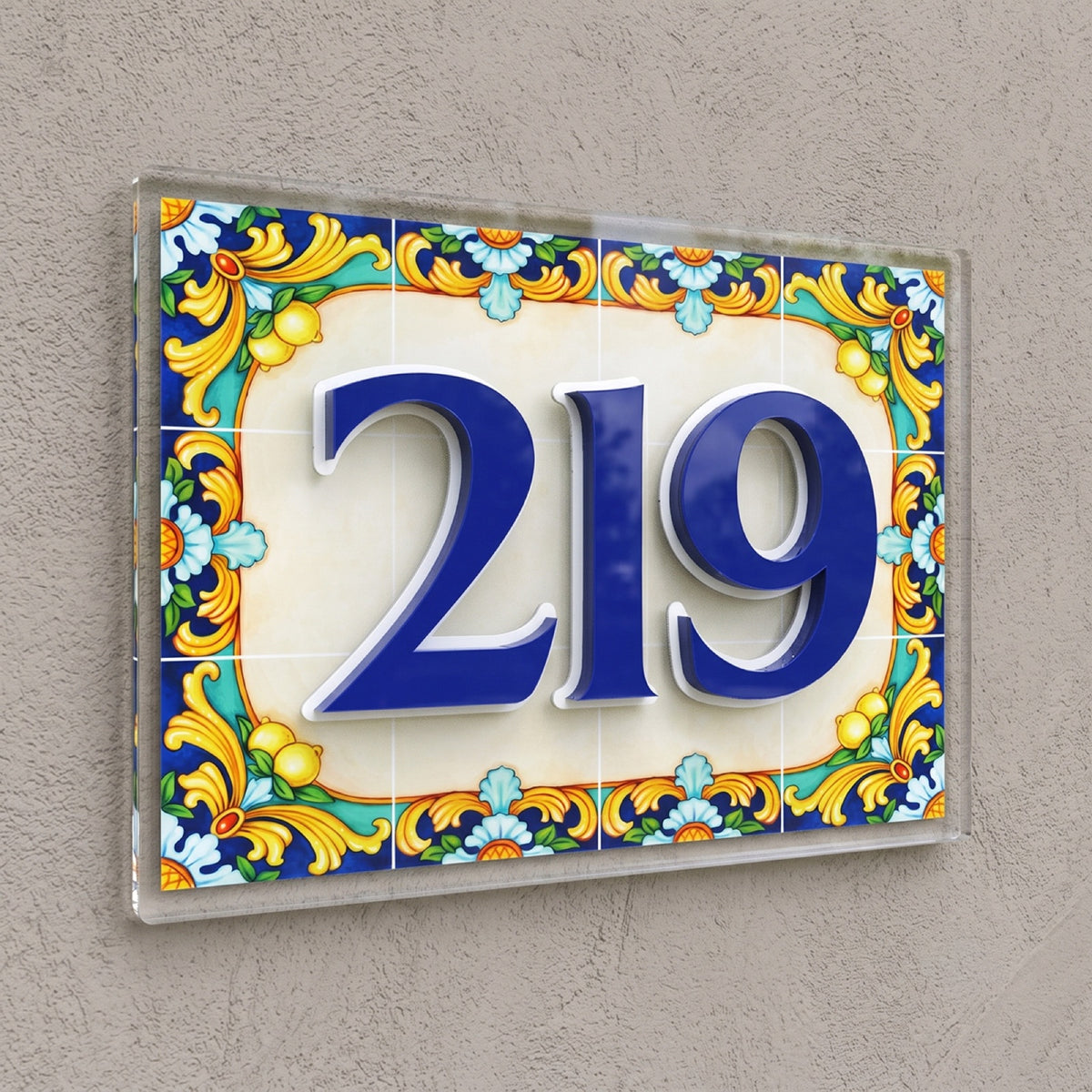 Amalfi Lemon Tile & Royal Blue Acrylic House Number Sign