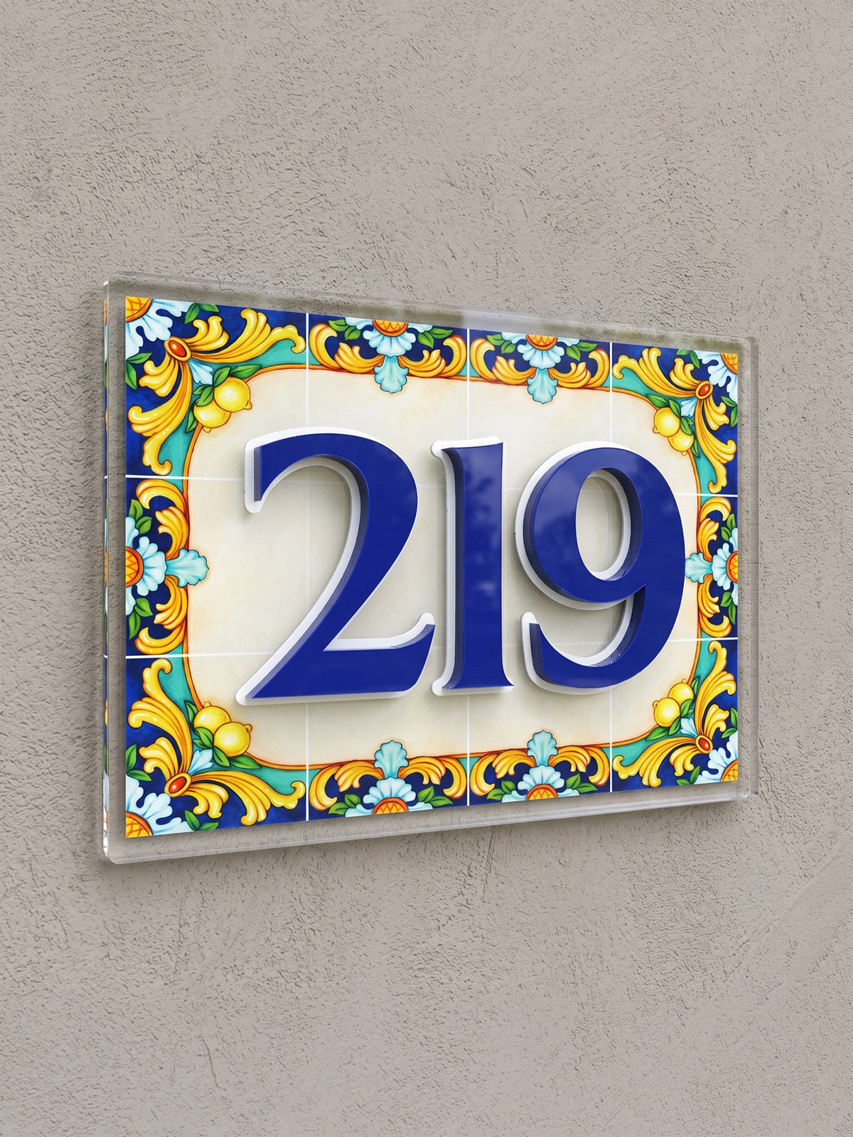 Amalfi Lemon Tile & Royal Blue Acrylic House Number Sign