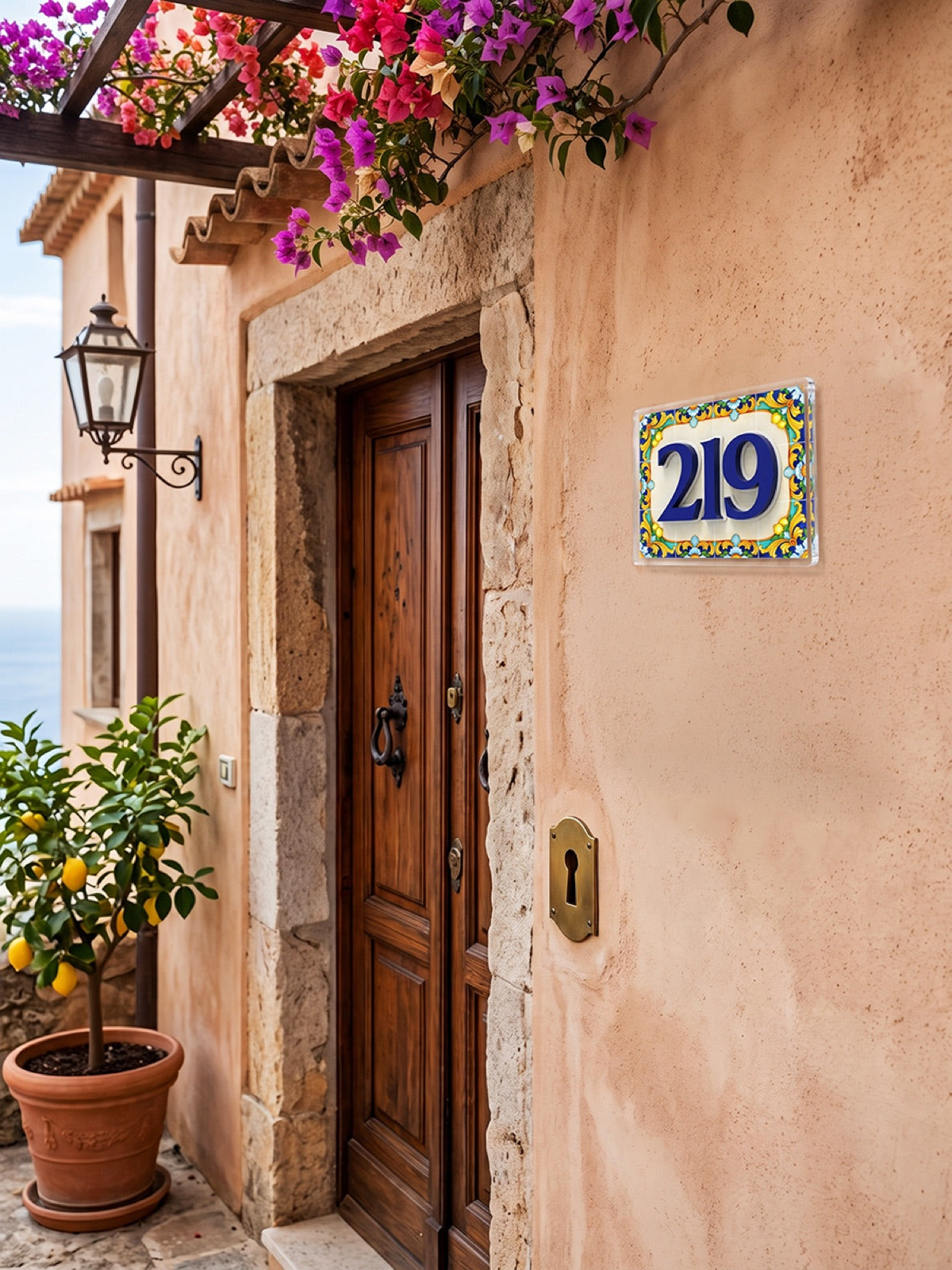 Amalfi Lemon Tile & Royal Blue Acrylic House Number Sign