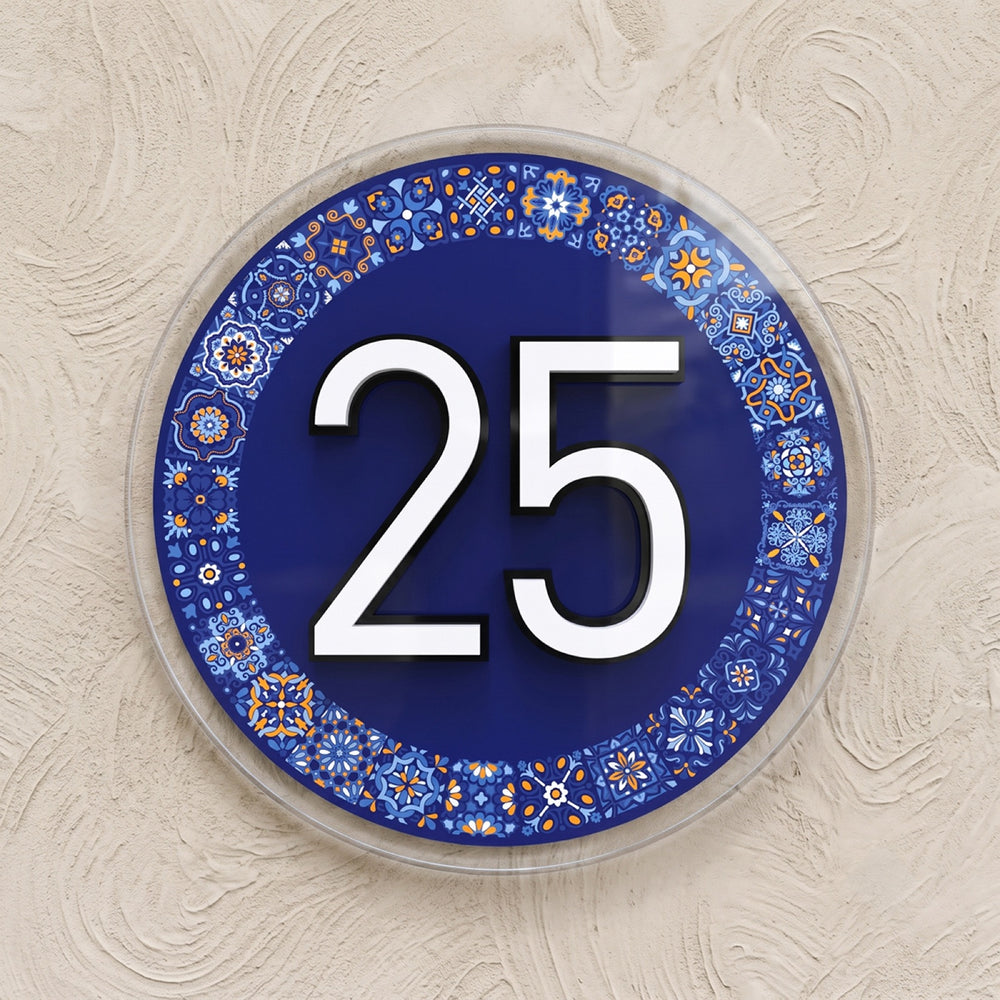 Round Mediterranean Tile House Number Sign in Clear Acrylic