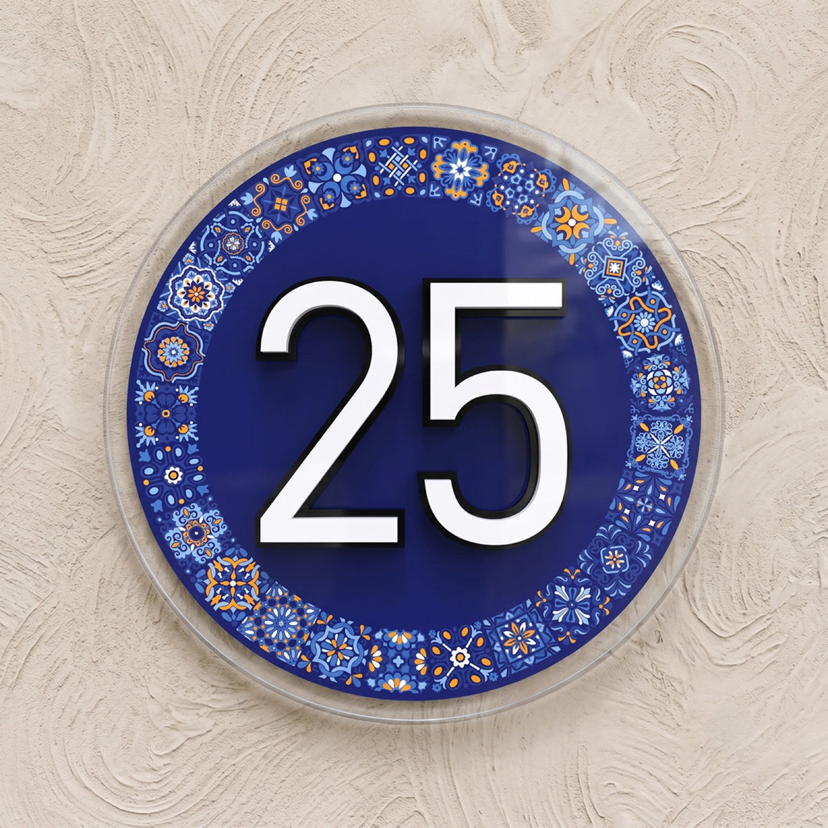 Round Mediterranean Tile House Number Sign in Clear Acrylic