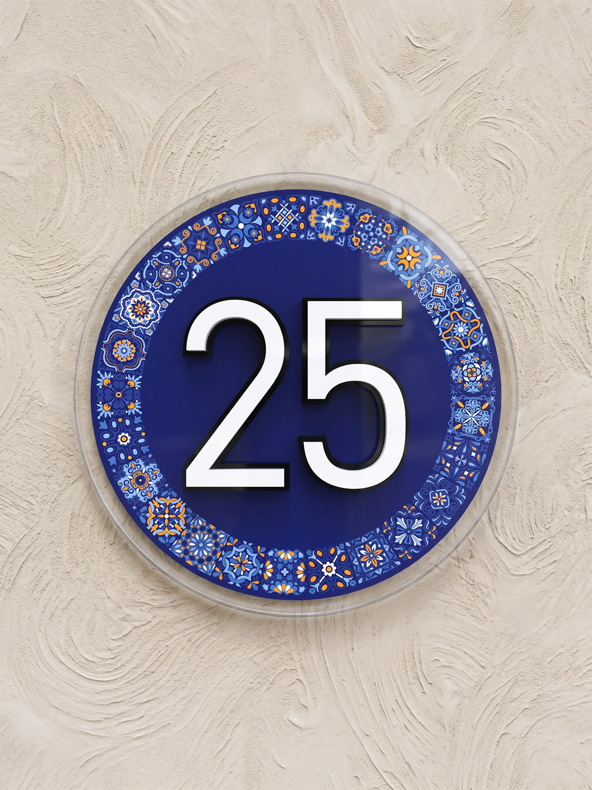 Round Mediterranean Tile House Number Sign in Clear Acrylic